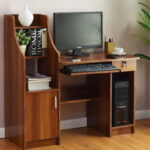 Modern office table with keyboard tray, lockable drawer, and multiple shelves.