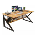 Modern office table with storage shelves.